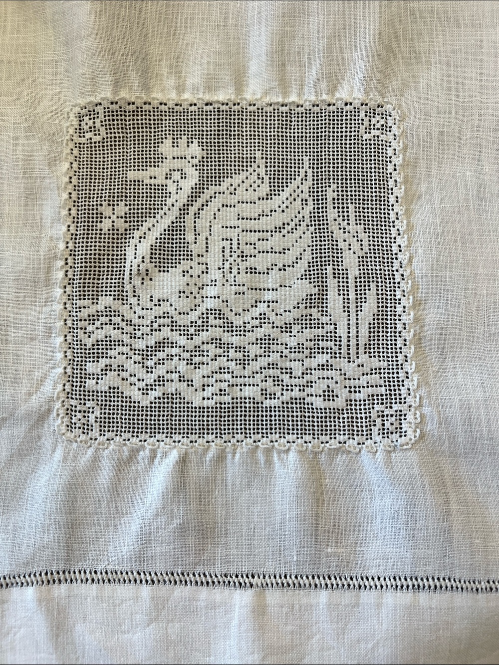 Vintage Linen Filet Lace Swan Table Runner Openwork Hemstitch 57.5”